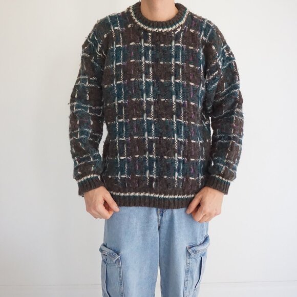 Vintage Wool Brown Teal Textured Grid Knit Sweater Cabincore Retro 80s/90s L - Picture 1 of 10